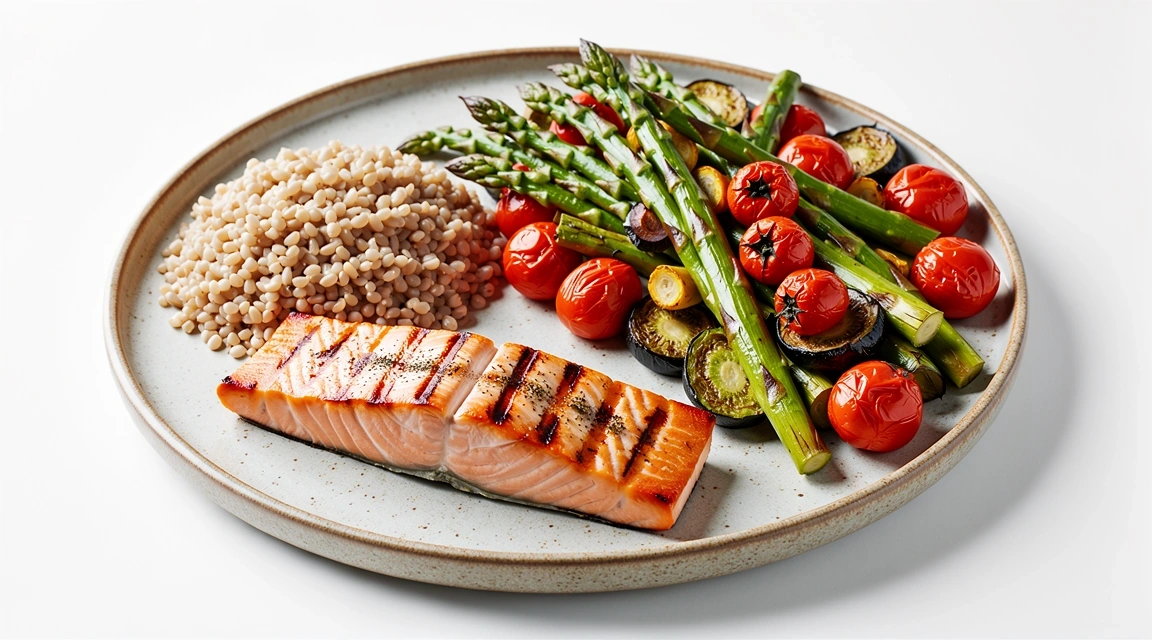 Esempio di piatto bilanciato con proteine, cereali integrali e verdure